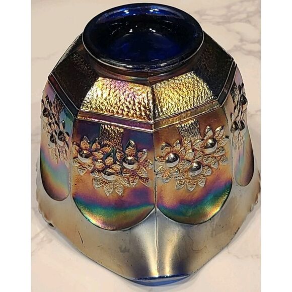 Fenton Carnival Glass Creamer Orange Tree Pattern Blue Base Scallop Edge GUC - Picture 4 of 9